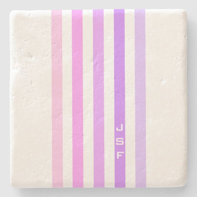 Purple & Pink Vertical Stripes Monogram Stone Coaster (Front)