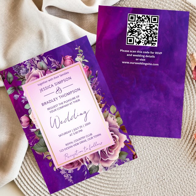 Purple pink vintage roses elegant wedding invitation (Creator Uploaded)