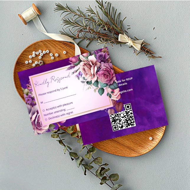Purple pink vintage roses elegant wedding RSVP card (Purple pink vintage roses elegant wedding RSVP card qr code rsvp cards)
