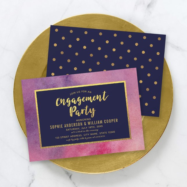 Purple Pink Watercolor Faux Gold Engagement Party Invitation (Creator Uploaded)