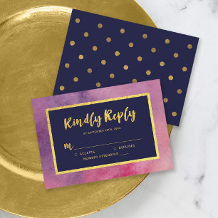 Purple Pink Watercolor Faux Gold Kindly Reply RSVP Card