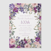 Purple Pink Watercolor. Floral 100th Birthday 