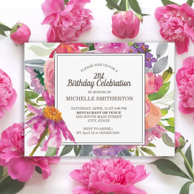 Purple Pink Watercolor Floral 21st Birthday Party Postcard (Purple and pink watercolor wildflowers 21st birthday party postcard invitation)