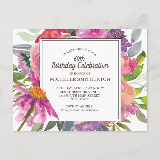 Purple Pink Watercolor Floral 60th Birthday Party Postcard (Front)
