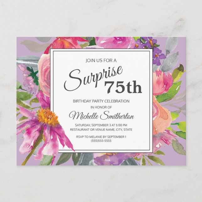 Purple Pink Watercolor Floral 75th Birthday Postcard (Front)