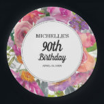 Purple Pink Watercolor Floral 90th Birthday Paper Plate<br><div class="desc">Purple and pink watercolor wildflower women's 90th birthday party paper plates personalised with the name of the guest of honour,  her age,  and her party date.  Text is fully customisable,  so this card can be designed for any age.  Contact us for help with customisation or matching products.</div>