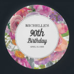 Purple Pink Watercolor Floral 90th Birthday Paper Plate<br><div class="desc">Purple and pink watercolor wildflower women's 90th birthday party paper plates personalised with the name of the guest of honour,  her age,  and her party date.  Text is fully customisable,  so this card can be designed for any age.  Contact us for help with customisation or matching products.</div>