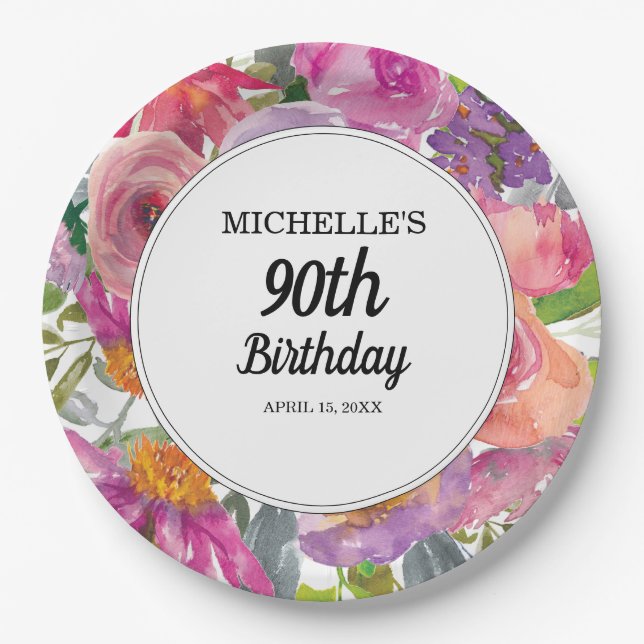 Purple Pink Watercolor Floral 90th Birthday Paper Plate (Front)