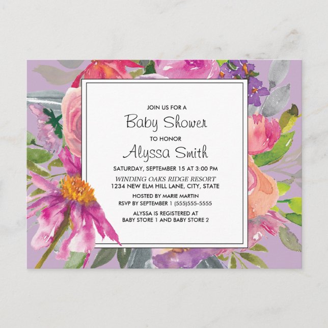 Purple Pink Watercolor Floral Baby Shower Postcard (Front)