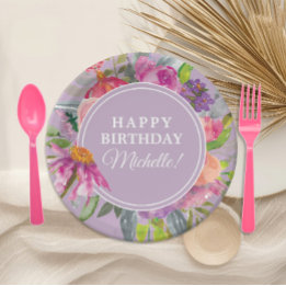 Purple Pink Watercolor Floral Birthday Party Paper Plate