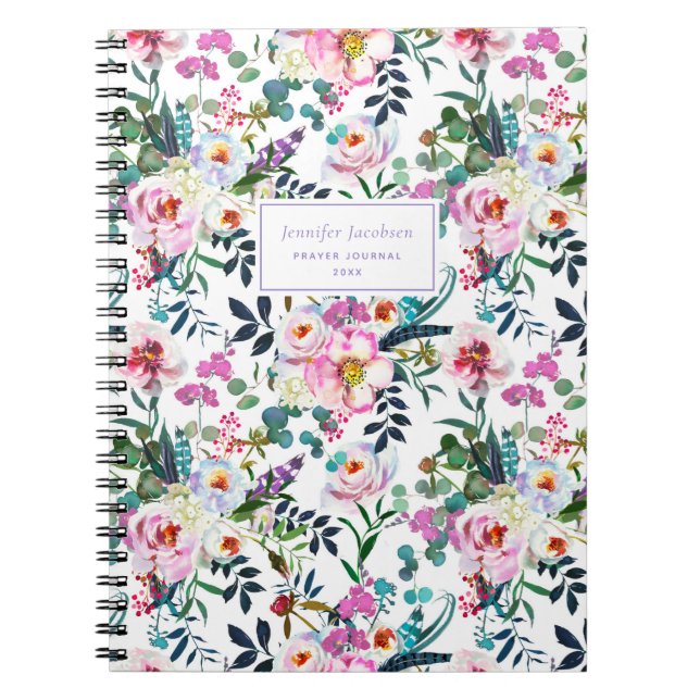 Purple Pink Watercolor Floral Name Title Prayer Notebook (Front)
