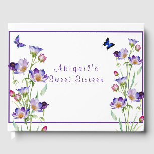 Purple Pink Watercolor Flowers Sweet Sixteen Guest Book
