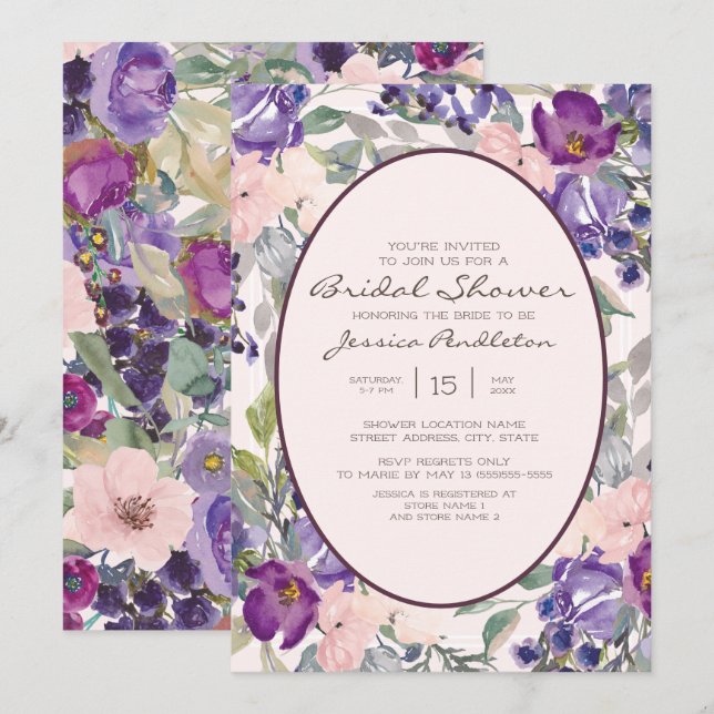 Purple Pink Watercolor Garden Floral Bridal Shower Invitation (Front/Back)