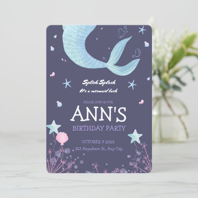 Purple Pink Watercolor Mermaid Kids Birthday  Invitation (Standing Front)
