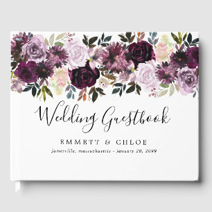 Purple Pink Watercolor Rose Floral Wedding Guest Book