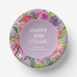 Purple Pink Watercolor Wildflower 30th Birthday Paper Plate