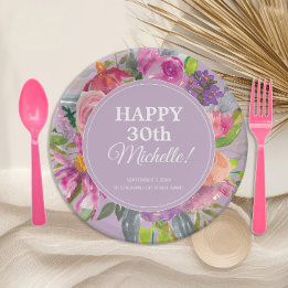Purple Pink Watercolor Wildflower 30th Birthday Paper Plate