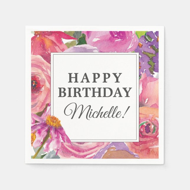 Purple Pink Watercolor Wildflower Happy Birthday Napkin (Front)