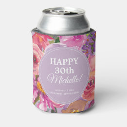 Purple Pink Watercolor Wildflowers 30th Birthday Can Cooler