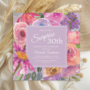 Purple Pink Watercolor Wildflowers 30th Birthday Invitation