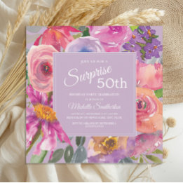Purple Pink Watercolor Wildflowers 50th Birthday Invitation