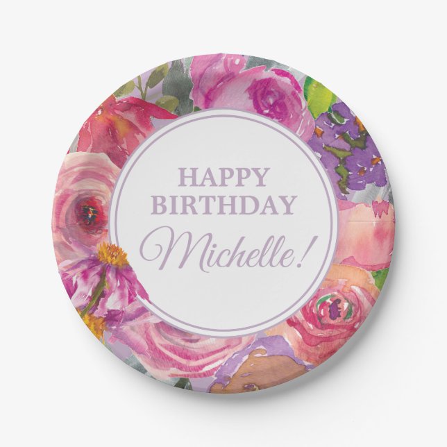 Purple Pink Watercolor Wildflowers Happy Birthday Paper Plate (Front)