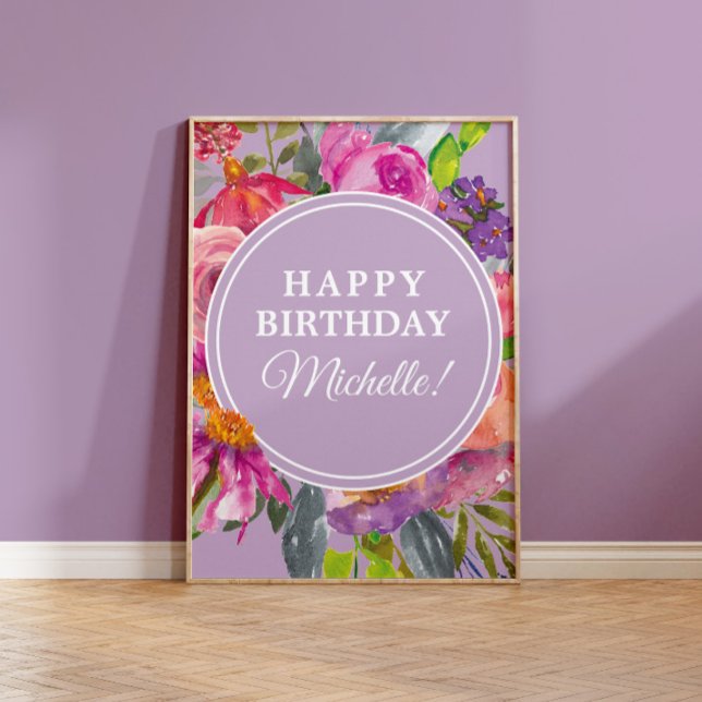 Purple Pink Watercolor Wildflowers Happy Birthday Poster (Creator Uploaded)