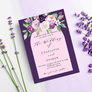 Purple pink watercolored florals arch wedding invitation