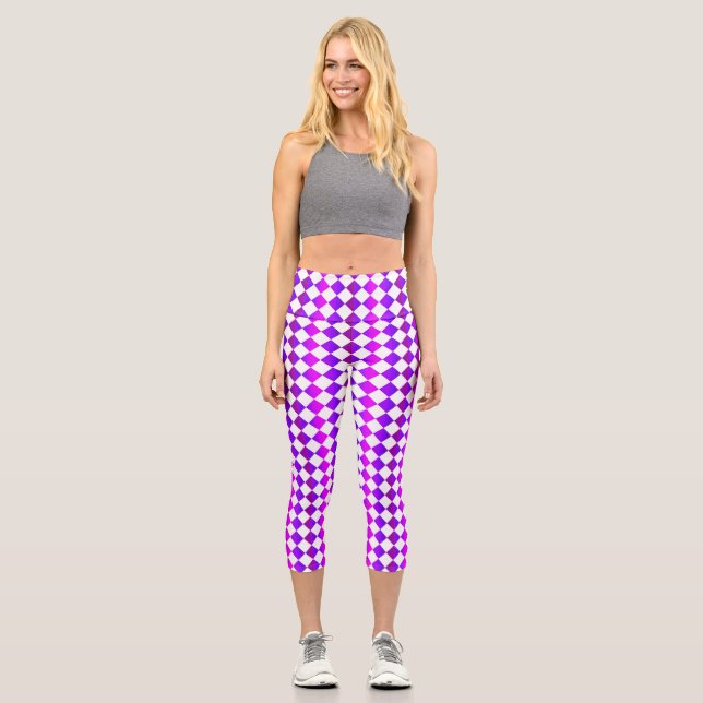 Purple Pink White Chequered Diamond Pattern Capri Leggings (Front)