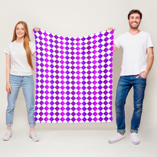 Purple Pink White Chequered Diamond Pattern Fleece Blanket (In Situ)
