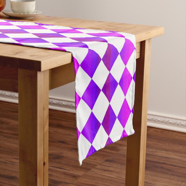 Purple Pink White Chequered Diamond Pattern Short Table Runner (In Situ)