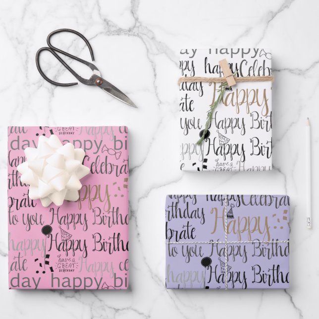 Purple Pink White Fun Happy Balloons Birthday Wrapping Paper Sheet (Front)