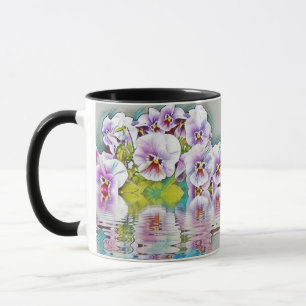 Purple Pink White Pansies near Water Watercolor Mug