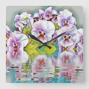 Purple Pink White Pansies near Water Watercolor Square Wall Clock