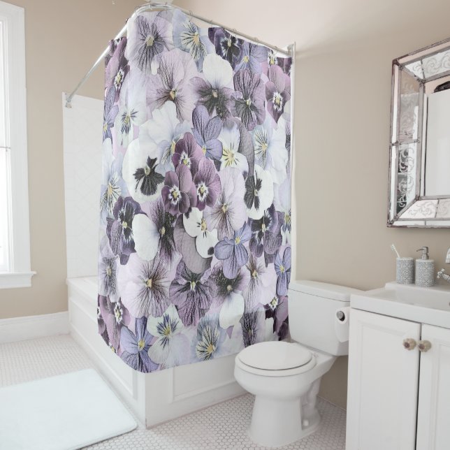 Purple Pink White Pansies Vintage Drawing  Shower Curtain (In Situ)