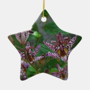 Purple pink white striped orchid like flower lilly ceramic tree decoration