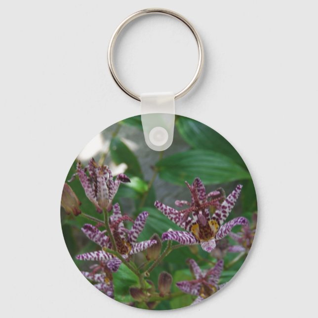 Purple pink white striped orchid like flower lilly key ring (Front)