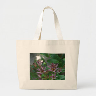 Purple pink white striped orchid like flower lilly large tote bag
