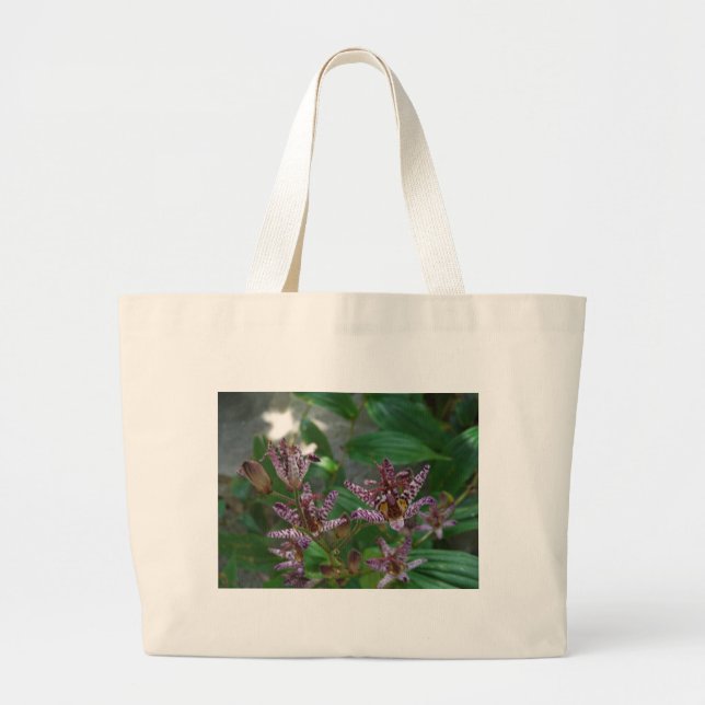 Purple pink white striped orchid like flower lilly large tote bag (Front)