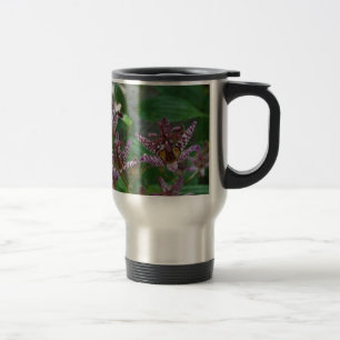 Purple pink white striped orchid like flower lilly travel mug