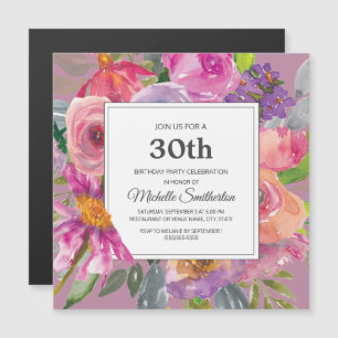 Purple Pink Wildflower 30th Birthday Party Square Magnetic Invitation