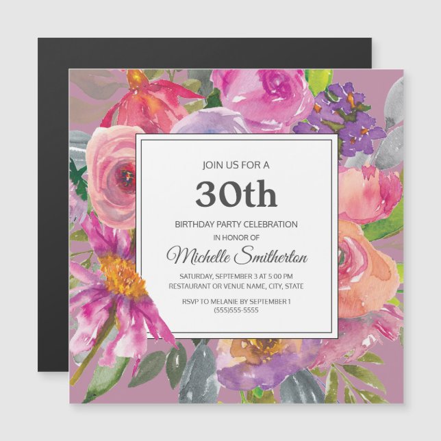 Purple Pink Wildflower 30th Birthday Party Square Magnetic Invitation (Front/Back)
