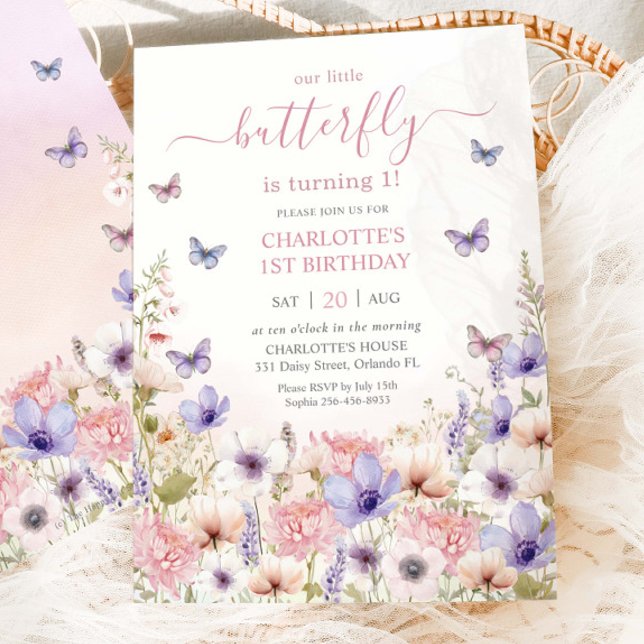 Purple Pink Wildflower Butterflies 1st Birthday Invitation (Creator Uploaded)