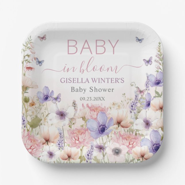 Purple Pink Wildflower Butterflies Baby in Bloom Paper Plate (Front)