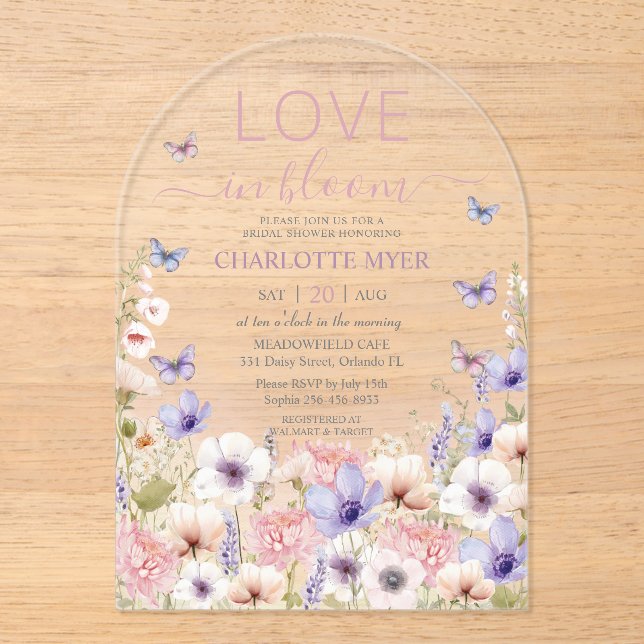 Purple Pink Wildflower Butterflies Love in Bloom Acrylic Invitations (Front)