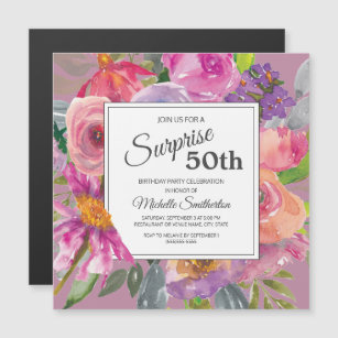 Purple Pink Wildflower Square 50th Birthday Party Magnetic Invitation