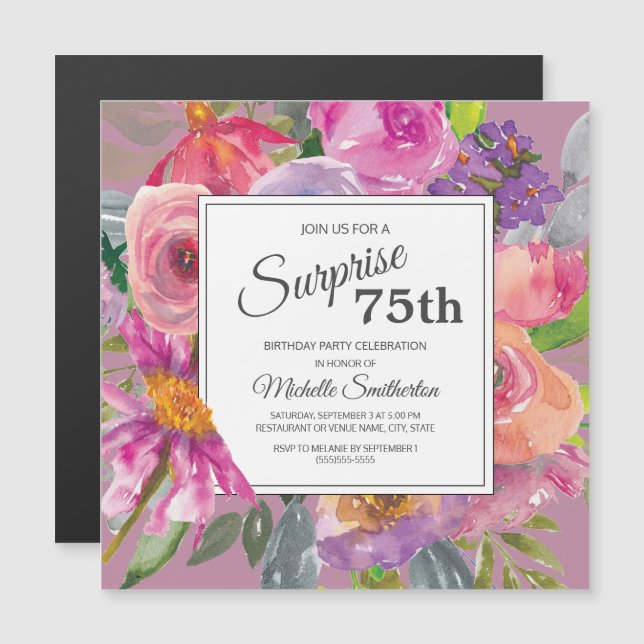 Purple Pink Wildflower Square 75th Birthday Party Magnetic Invitation (Front/Back)