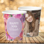 Purple Pink Wildflowers 30th Birthday Photo Paper Cups<br><div class="desc">Beautiful pink and purple watercolor wildflowers, boho-style 30th birthday party paper cup personalised with your photo on the back. Personalise with the name and age of the guest of honour, party location, and your photo. Text is fully customisable, so make it your own. Contact us for help with customisation or...</div>