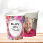 Purple Pink Wildflowers 90th Birthday Photo Paper Cups<br><div class="desc">Add a personal touch to her milestone celebration with this floral 90th birthday paper cup featuring bold watercolor flowers and a custom photo on the back. The front showcases the guest of honour’s name, age, and party date framed in a modern oval design, while the back displays a cherished photo...</div>