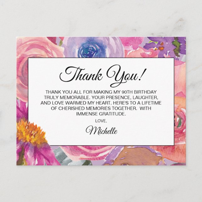 Purple Pink Wildflowers 90th Birthday Thank You Postcard (Front)